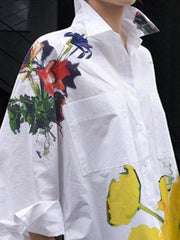 Buttoned Flower Print Pockets Split-Side High-Low Long Sleeves Stand Collar Blouses&Shirts Tops