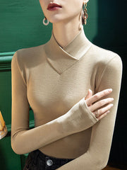 Solid Color Long Sleeves Skinny V-neck T-Shirts Tops