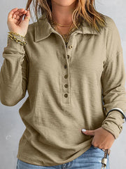 Buttoned Solid Color Split-Joint Long Sleeves Loose Lapel T-Shirts Tops