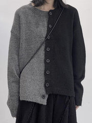 Asymmetric Buttoned Contrast Color Split-Joint Long Sleeves Loose Round-Neck Cardigan Tops