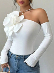 Solid Color Three-Dimensional Flower Long Sleeves Skinny One-Shoulder T-Shirts Tops