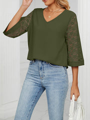 Mesh Solid Color Split-Joint Loose Three-Quarter Sleeves Round-Neck T-Shirts Tops