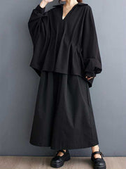 Pleated Solid Color Batwing Sleeves High-Low V-Neck Blouses&Shirts Tops
