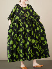 Floral Pleated Loose Round-neck Midi Dresses