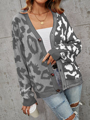 Buttoned Leopard Split-Joint Long Sleeves Loose V-Neck Cardigan Tops
