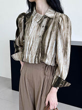 Asymmetric Gradient Pleated Printed Loose Puff Sleeves Lapel Blouses