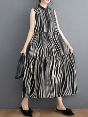 Striped Loose Sleeveless Stand Collar Midi Dresses