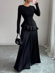 Ruffle Trim Solid Color Split-Joint A-Line High Waisted Round-Neck Maxi Dresses