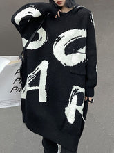 Knitted Letters Pockets Long Sleeves Loose Hooded Sweater Dresses Mini Dresses