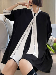 Contrast Color Lace-Up Letter Print Split-Joint Loose Short Sleeves Stand Collar Blouses