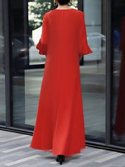 Solid Color Zipper A-Line Flared Sleeves Round-Neck Maxi Dresses