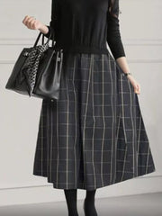 Plaid Pleated Split-Joint A-Line Long Sleeves Round-Neck Midi Dresses