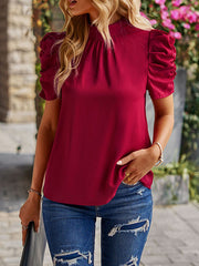 Pleated Solid Color Half Sleeves Loose Mock Neck T-Shirts Tops