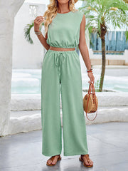 Round-Neck Loose Solid Color Split-Joint Vest Top + Drawstring Elasticity High Waisted Pants Bottom Two Pieces Set