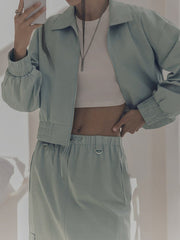 Elasticity Pleated Solid Color Split-Joint Zipper Long Sleeves Loose Lapel Outerwear Jackets