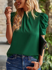Pleated Solid Color Half Sleeves Loose Mock Neck T-Shirts Tops