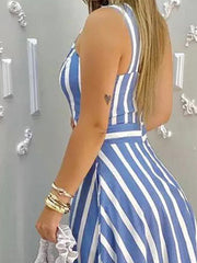 Asymmetric Hollow Pleated Pockets Split-Joint Striped Zipper High Waisted Loose One-Shoulder Midi Dresses