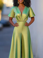 Pleated Shiny Solid Color High Waisted Loose V-neck Jumpsuits