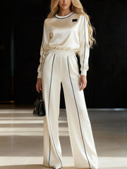 Contrast Color Line Ribs Split-Joint Long Sleeves Loose Round-Neck Blouses&Shirts Tops