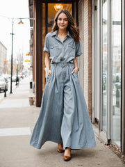 Buttoned Pockets Short Sleeves Lapel Shirts Top + High Waisted Pants Bottom Two Pieces Set