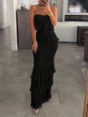 Elasticity Pleated Split-Joint Bodycon Sleeveless Tube Maxi Dresses
