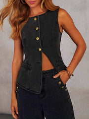 Split-Joint Sleeveless Round-neck Vest Top