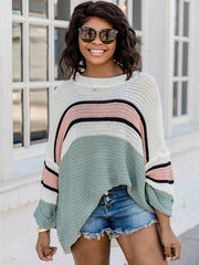 Casual Loose Contrast Color Striped Round-Neck Sweater Tops