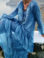 Solid Color Split-Joint High Waisted Long Sleeves Elasticity Mesh Ruffled V-Neck Inner Dress +Outer Maxi Dresses Two Pieces Set