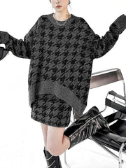 Contrast Color Split-joint Ribs Shiny Swallow Gird/Houndstooth Round-Neck Sweater Tops + A-Line Elasticated Waist Skirts Bottoms Two Pieces Set