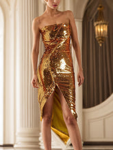 Asymmetric Sequined Shiny Zipper Bodycon High Waisted Tube Midi Dresses