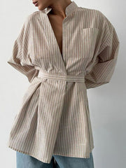 Pleated Split-Toe Striped Loose Puff Sleeves V-neck Blouses&shirts Tops