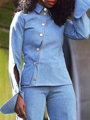 Hollow Lapel Denim Long Sleeves Asymmetric Buttoned Shirts Top + Pants Bottom Two Pieces Set