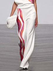 Asymmetric Printed Striped Loose Sleeveless One-shoulder Two Pieces Set Suits