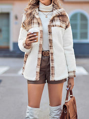 Buttoned Plaid Split-Joint Velvet Long Sleeves Loose Lapel Outerwear