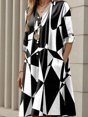 Contrast Color Printed Split-Joint Long Sleeves Loose Lapel Shirt Dress Midi Dresses