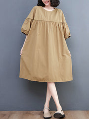 Solid Color Loose Short Sleeves Round-neck Midi Dresses
