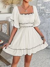 Elasticity Pleated Ruffle Trim Solid Color A-line High Waisted Square-neck Mini Dresses