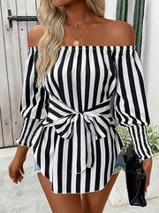 Contrast Color Elasticity Split-Joint Striped Tied Waist Long Sleeves Loose Off-The-Shoulder Blouses&Shirts Tops