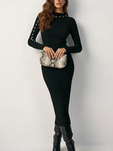 Beads Contrast Color Ribbed Knit Split-Joint Bodycon Irregularity High Neck Midi Dresses