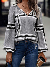 Elasticity Print Tied Long Sleeves Loose V-Neck Blouses&Shirts Tops