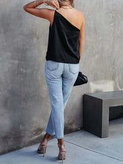 Asymmetric Solid Color Loose Sleeveless One-Shoulder Vest Top