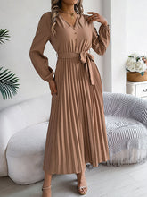 Belted Buttoned Pleated Solid Color High Waisted Long Sleeves V-Neck Maxi Dresses