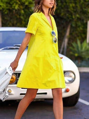 Loose Short Sleeves Pockets Solid Color Notched Collar Mini Dresses