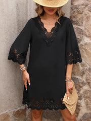 Hollow Solid Color Split-Joint A-Line Half Sleeves V-Neck Mini Dresses