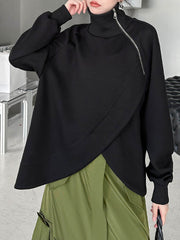 Asymmetric Split-Joint Zipper Long Sleeves Loose High Neck Sweatshirt Tops