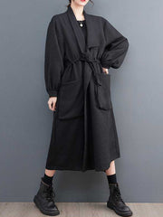 Drawstring Pockets Long Sleeves Loose Lapel Trench Coats