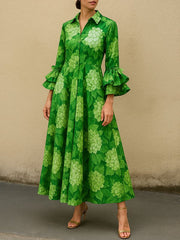 Flared Sleeves High Waisted Flower Print Pleated Lapel Maxi Dresses
