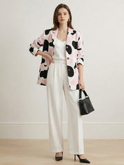 Buttoned Contrast Color Cow Printed Split-Joint Long Sleeves Loose Notched Collar Outerwear Blazer
