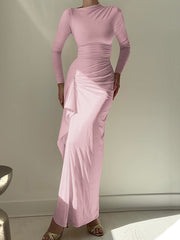 Asymmetric Pleated Ruffled Solid Color Split-Joint Bodycon High Waisted Round-Neck Maxi Dresses