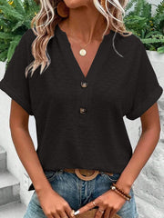 Buttoned Jacquard Split-Joint Loose Plus Size V-Neck T-Shirts Tops